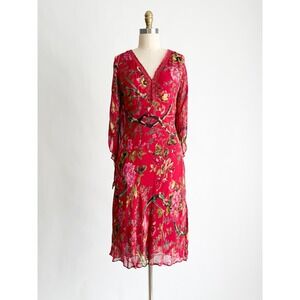 Paradise NY Midi Dress Floral Boho Split Flutter Sleeve Large Red Crochet Lace